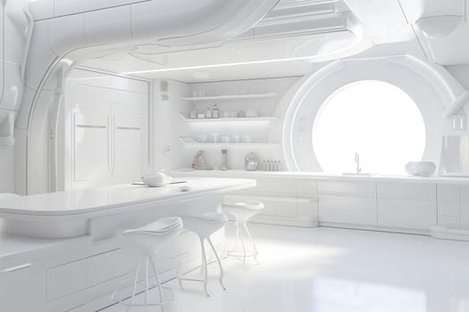 futuristic clean white space station style interior of kitchen room. Neural network generated image. Not based on any actual scene or pattern.