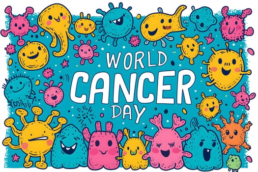 Simple cartoon world cancer day background with the inscription on it, surrounded with colorful happy tumors. Neural network generated image. Not based on any actual scene or pattern.