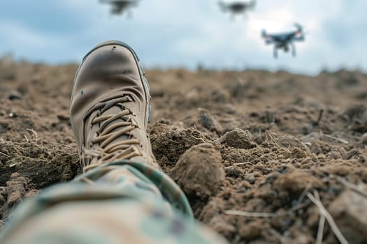 Fallen soldier legs laying on the dirt with flying drones in the sky above. Neural network generated image. Not based on any actual scene or pattern.