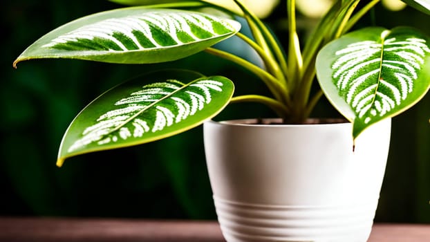 White potsherd with decorative green elongated leaves of a plant with white speckles on a table. Generative AI.