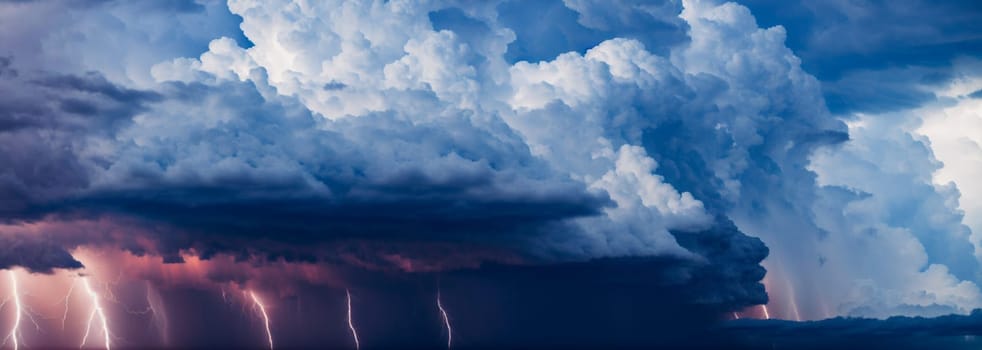 Large blue cumulus clouds with heavy thunderstorms and powerful lightning and rain. Banner. Generative AI.