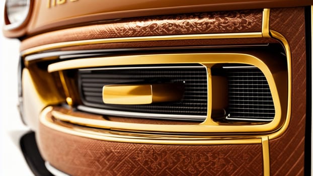 Metal grille with glitter of a luxurious brown car with decorative ornaments for ventilation. Generative AI.