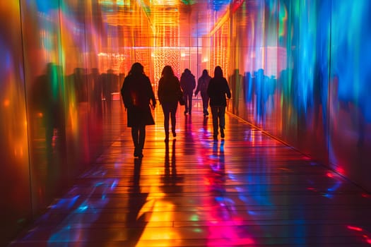 A group of people walking down a hallway with colorful lights. Neural network generated image. Not based on any actual scene or pattern.