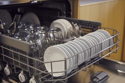 A dishwasher with many plates and silverware in it. Neural network generated image. Not based on any actual scene or pattern.