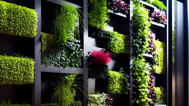 Beautiful and modern vertical garden with different types of plants in an ecological building. Generative AI.