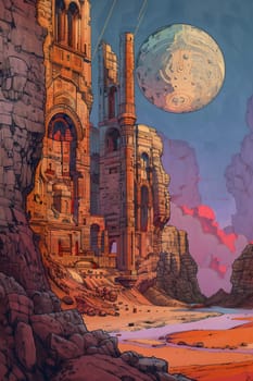 A stunning painting of a castle surrounded by a mystical atmosphere with a planet in the sky. This surreal landscape combines art and architecture beautifully