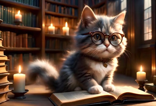 A smart cat with glasses reads a book in the evening in the library, a quiet evening by candlelight. AI generated image.