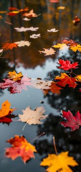 An abstract composition of colorful autumn leaves floating on a reflective water surface of a pond. Neural network generated image. Not based on any actual scene or pattern.