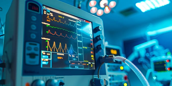 Heart monitor with ECG lines on the background of critical patient in the intensive care unit