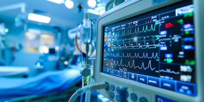 Heart monitor with ECG lines on the background of critical patient in the intensive care unit