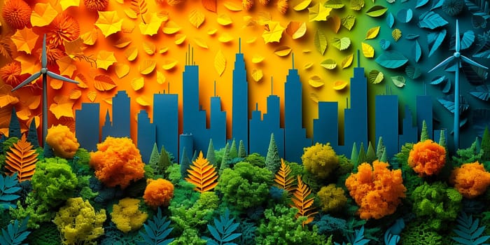 Green industry and alternative renewable energy. Green eco friendly cityscape background. Paper art of ecology and environment concept.