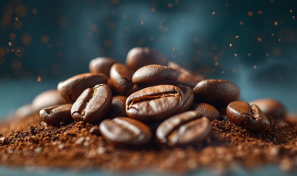 Coffee beans on an abstract background with space for text. Selective soft focus.