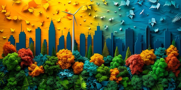 Green industry and alternative renewable energy. Green eco friendly cityscape background. Paper art of ecology and environment concept.