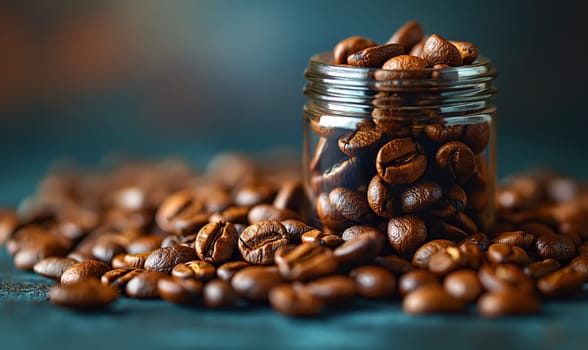 Roasted coffee beans on the table and in a glass jar. Selective soft focus.