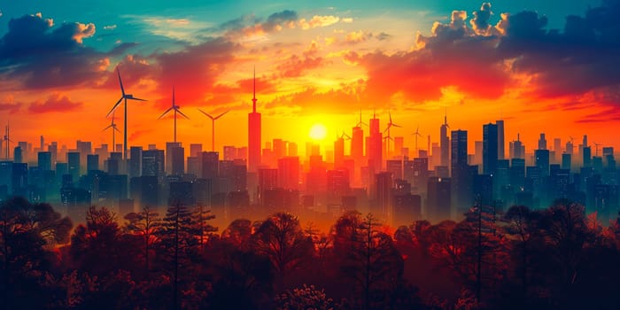 Big city with skyscrapers and wind turbines in background. Concept of sustainable energy solution in beautiful sunset backlit.