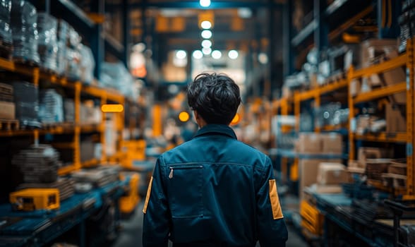 Rear view of a man in a warehouse. Selective soft focus.