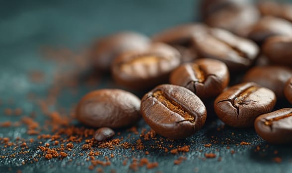 Coffee beans on an abstract background with space for text. Selective soft focus.