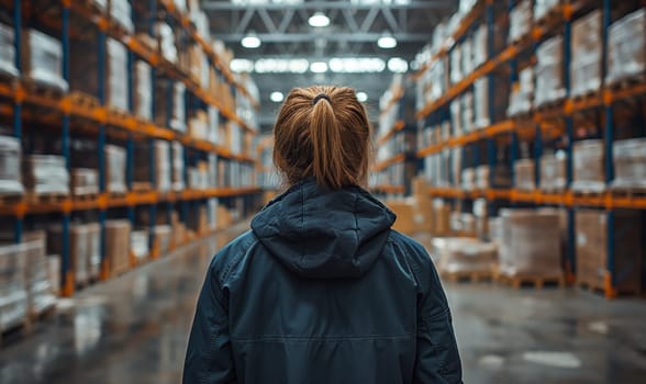 Rear view of a woman in a warehouse. Selective soft focus.