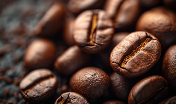 Background of roasted coffee beans close up. Selective soft focus.
