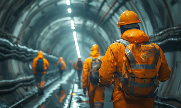 Workers in hard hats walk through a round tunnel. Selective soft focus.