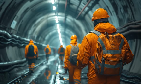 Workers in hard hats walk through a round tunnel. Selective soft focus.