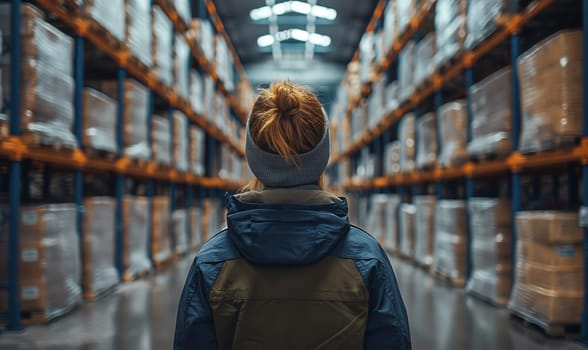 Rear view of a woman in a warehouse. Selective soft focus.