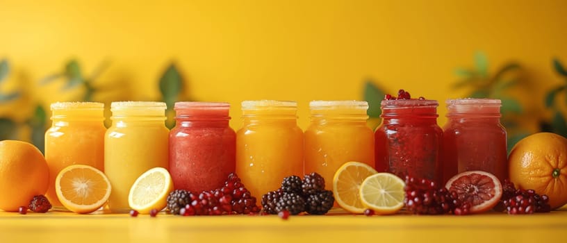 Set of various fresh fruit smoothies or juice on yellow background. Selective soft focus.
