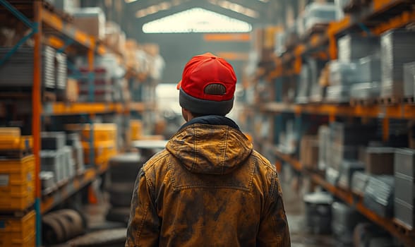 Rear view of a man in a warehouse. Selective soft focus.