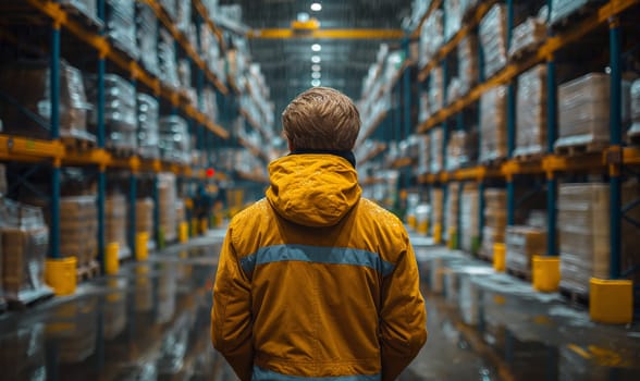 Rear view of a man in a warehouse. Selective soft focus.