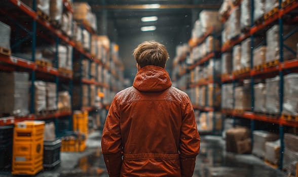 Rear view of a man in a warehouse. Selective soft focus.