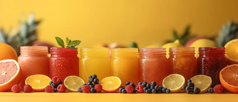 Set of various fresh fruit smoothies or juice on yellow background. Selective soft focus.