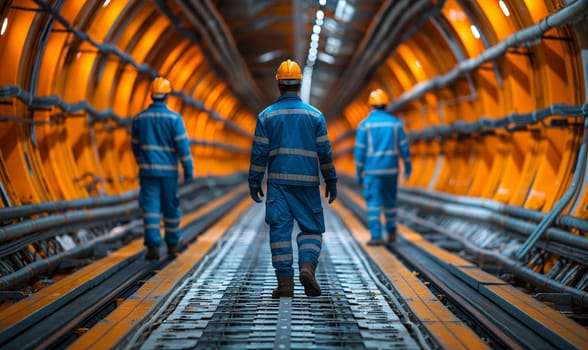 Workers in hard hats walk through a round tunnel. Selective soft focus.