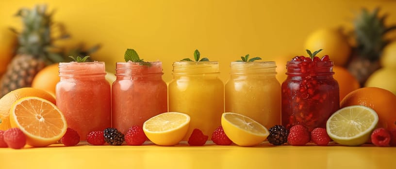 Set of various fresh fruit smoothies or juice on yellow background. Selective soft focus.