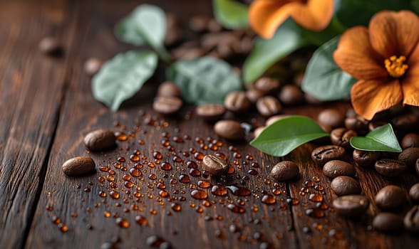 Coffee beans with flowers on the table. Selective soft focus.