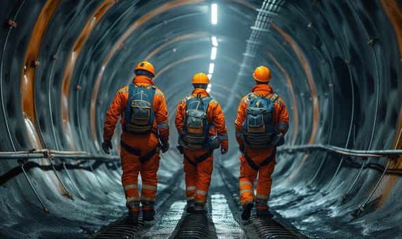 Workers in hard hats walk through a round tunnel. Selective soft focus.