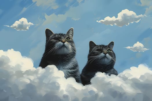 Two Felidae, small to mediumsized cats, are perched on cumulus clouds gazing up at the sky. Their whiskers twitch as they take in the terrestrial animalfilled vista