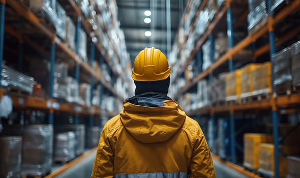 Rear view of a man in a warehouse. Selective soft focus.