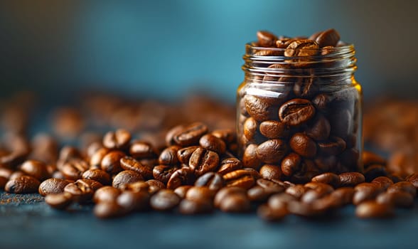 Roasted coffee beans on the table and in a glass jar. Selective soft focus.