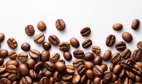 Coffee beans on a white background with space for text. Selective soft focus.
