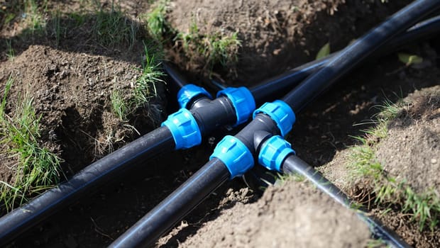 Black long pipe lies and tee adapter in dug-out earth closeup. Watering system in garden