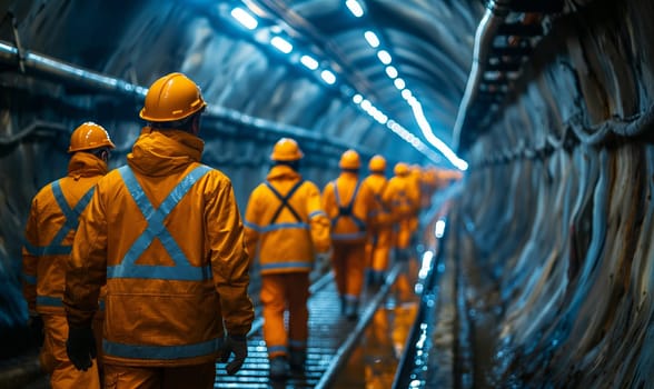 Workers in hard hats walk through a round tunnel. Selective soft focus.