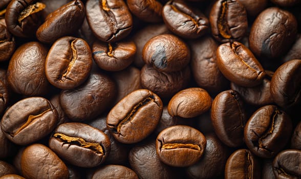 Background of roasted coffee beans close up. Selective soft focus.