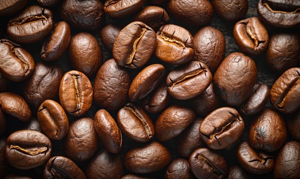 Background of roasted coffee beans close up. Selective soft focus.