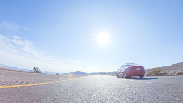 HWY 15, California, USA-December 3, 2022-Embarking on a road trip from Nevada to California, driving on Highway 15 during the day offers scenic views and an exciting journey between states.