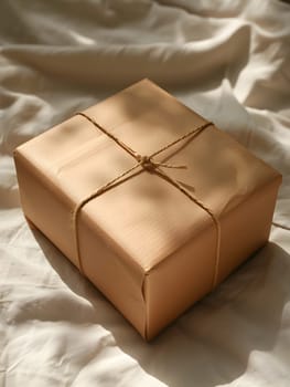 A brown rectangle box, wrapped in brown paper, is placed on a bed. The packaging materials hint at a potential food ingredient for a cuisine dish