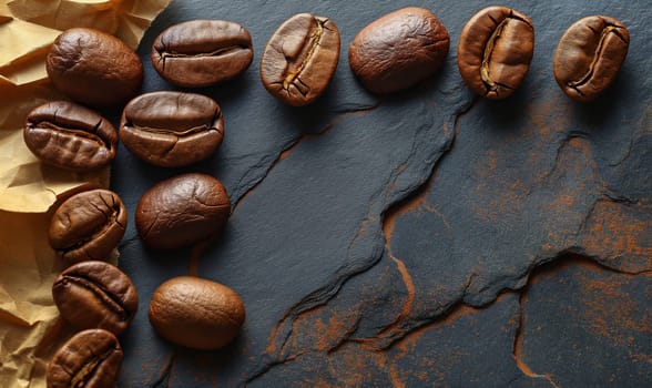 Coffee beans on an abstract background with space for text. Selective soft focus.