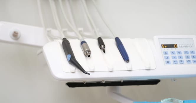 Medical equipment and dentistry closeup. Dental instruments for dental treatment concept