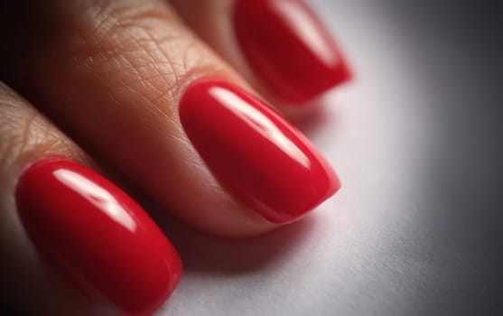 Beautiful red silk manicure on female nails. Classic bright red manicure