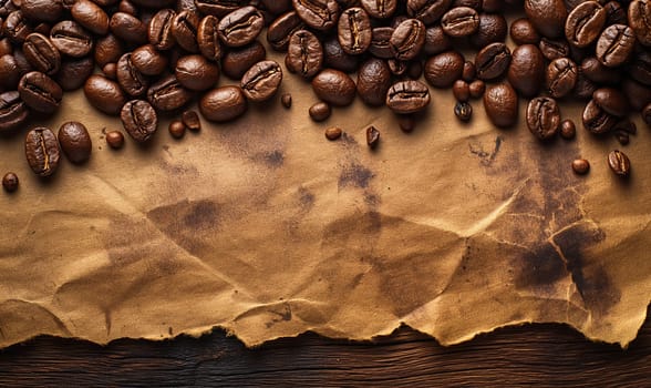 Scattered coffee beans on paper with space for text. Selective soft focus.