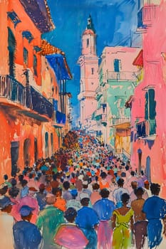 An art piece depicting a bustling city street with a group of humans in motion. Buildings, windows, and the sky are painted in vibrant colors, capturing the essence of urban life